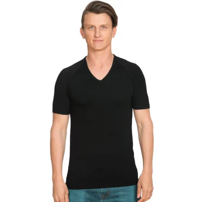 BMP053 Short Sleeved Merino V Neck Black front