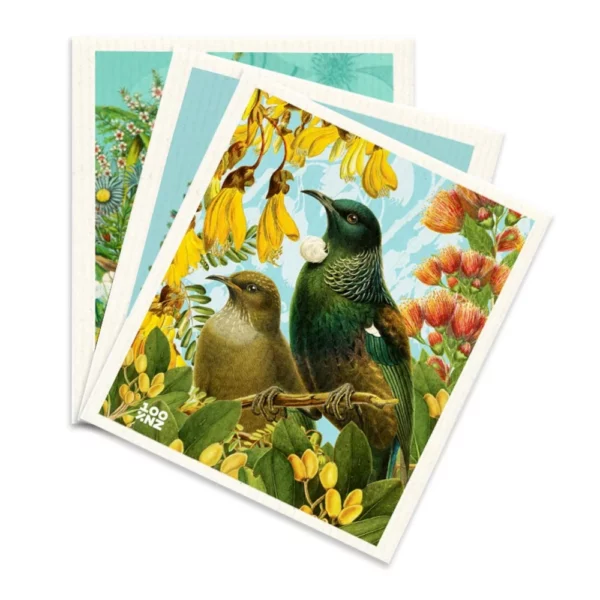 100percent nz pack of 3 swedish dishcloths botanical birds