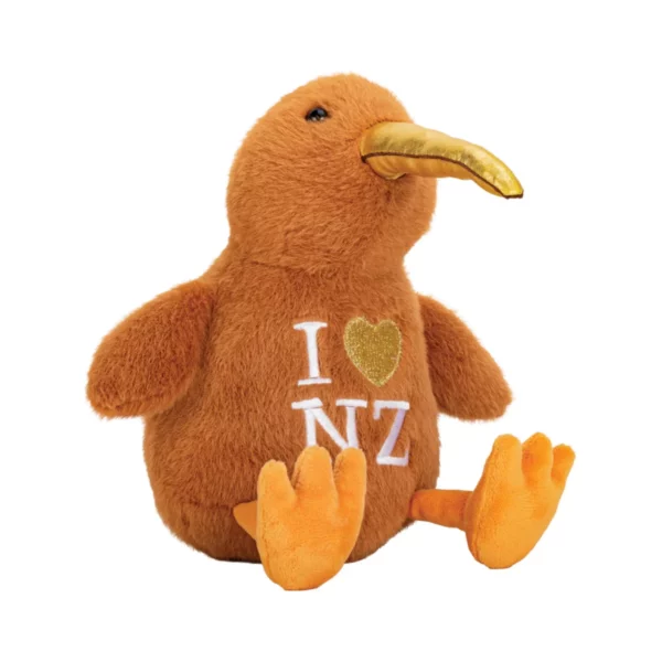 ktsgb kiwi toy sitting with gold beak and i heart nz 23cm