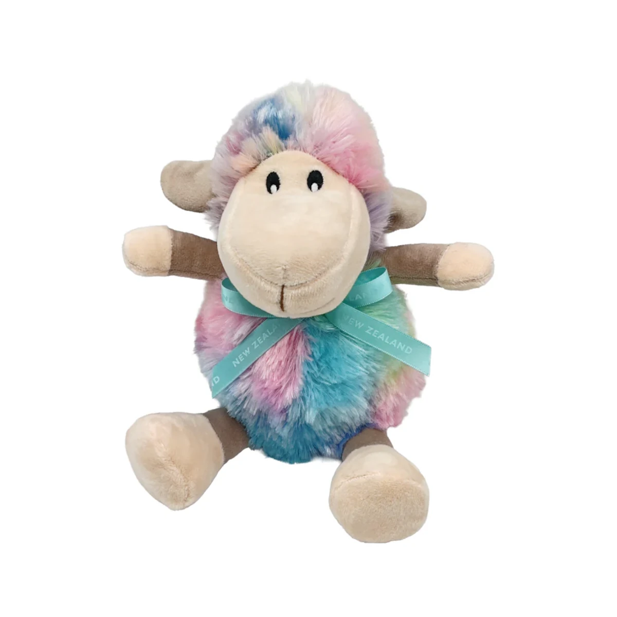 stsrtr sheep toy sitting rainbow with teal nz ribbon 17cm