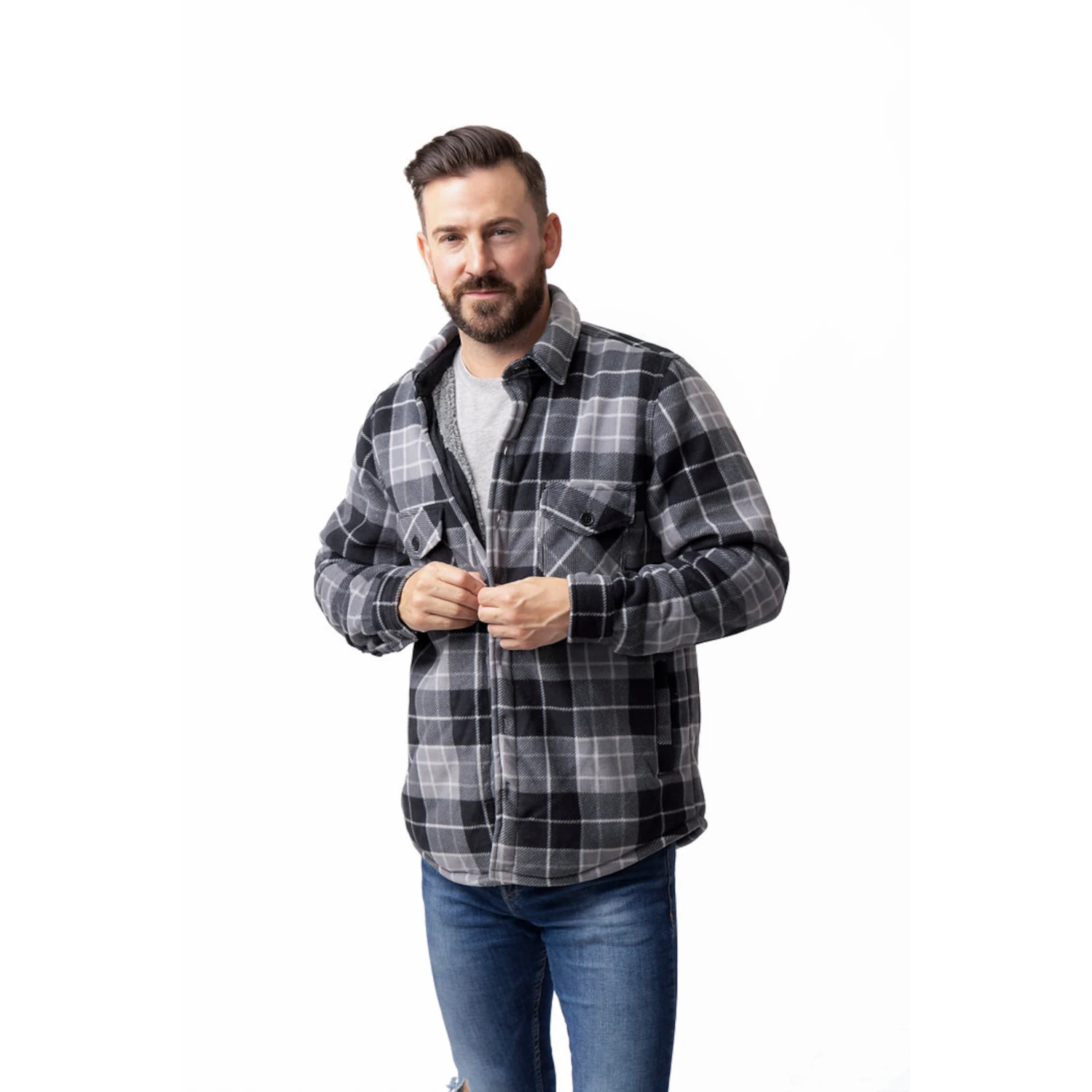 heat holders plaid lumberjack shirt jacket black grey 1